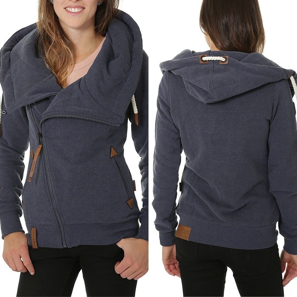 NAKETANO Asymmetrical Zip Hoodie Size S Blue Cowl Neck Sweater Owl Cabincore